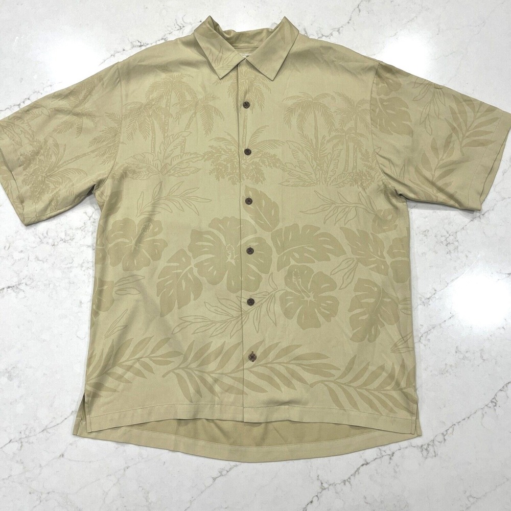 Tommy Bahama Silk Mens M Yellow Beige Washable Floral Hawaiian Camp SS Shirt